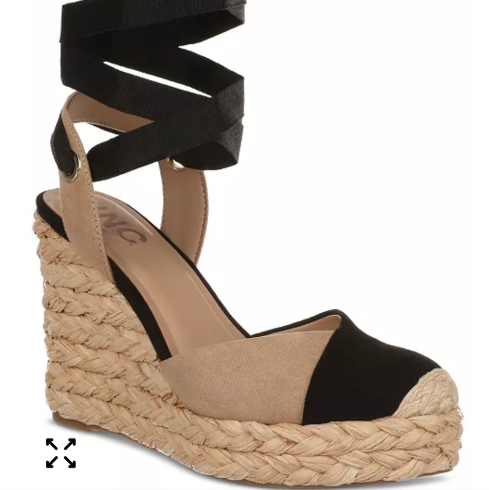 INC Moniquee Wedge Espadrille Sandal 10 Nude Black Boho Coastal Minimalist